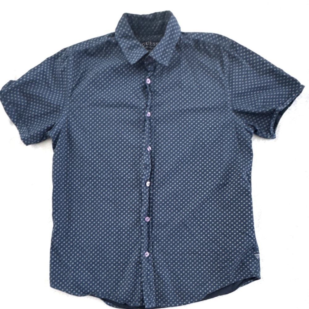 GUESS Men's Geometric Blue White Short Sleeve Button-Up Shirt S